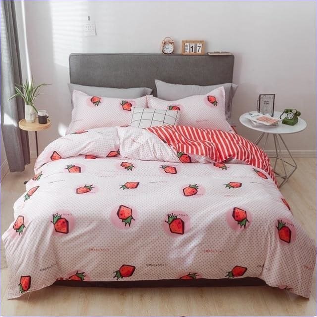 Parure De Lit 1 Personne 140x200 Cm - Housse De Couette + 2 Taies 65x65 Cm, Motif Cerises, Microfibre