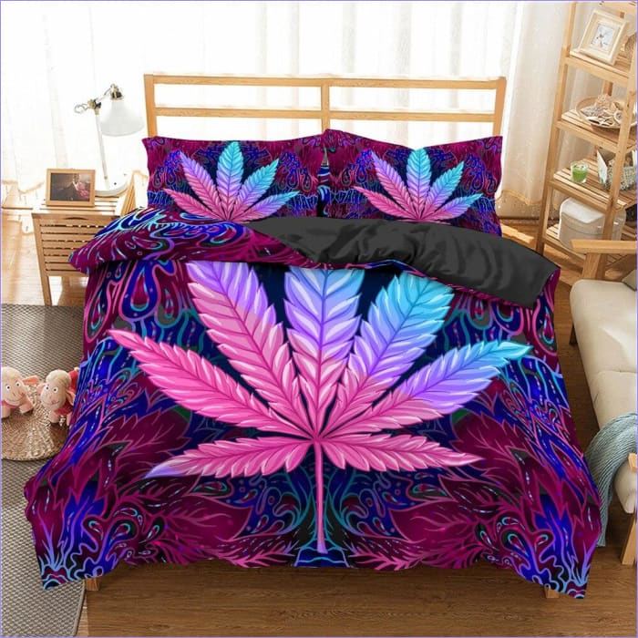 Parure de lit à motif de feuilles de cannabis, noir et blanc